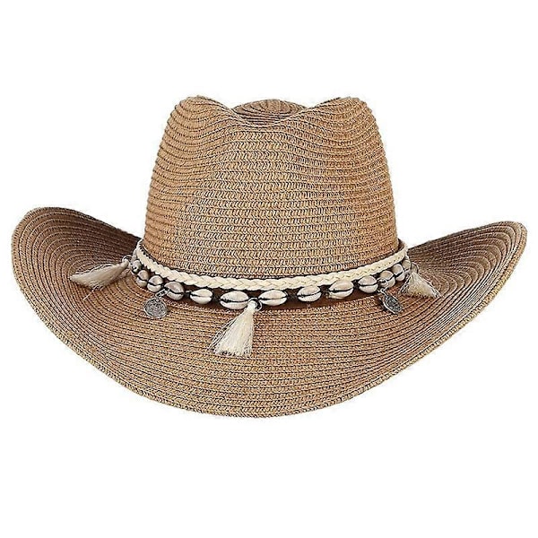 Dame Sommer Strå Cowboy Cowgirl Hat Solhatte Bredskyggede Strand Ferie Stråhat med Skal Bånd