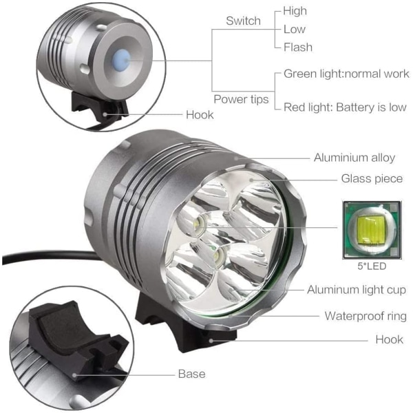 Sykkellys, 6000 lumen 5 LED sykkellys, vanntett terrengsykkellys foran med 6000 mAh oppladbart batteri, 3 moduser sykkellys foran