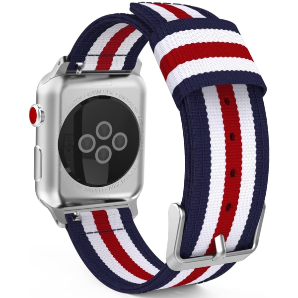 Apple Watch-kompatibel rem, finvevd nylon justerbar erstatningsrem sportsrem passer -38mm blå, hvit, rød, hvit og blå