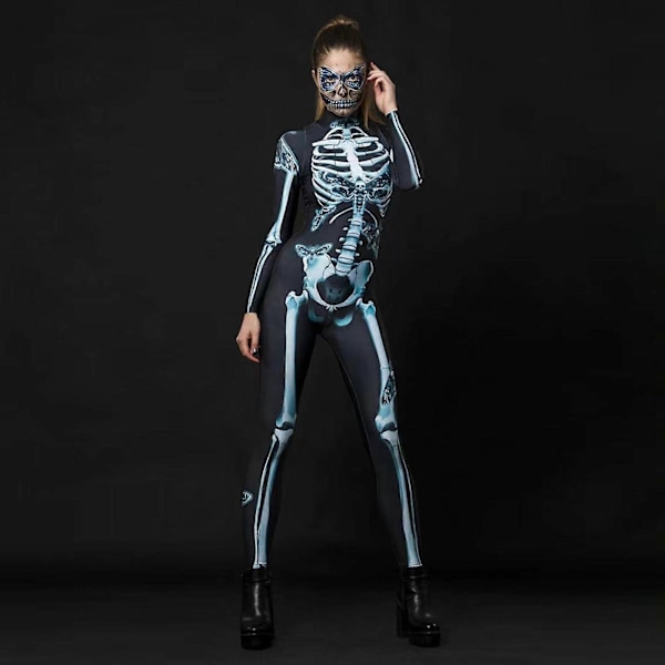 Halloween Skelett Skalle 3D Catsuit Jumpsuit Kvinnor Cosplay Bodysuit Festklänning, 100% Ny XS