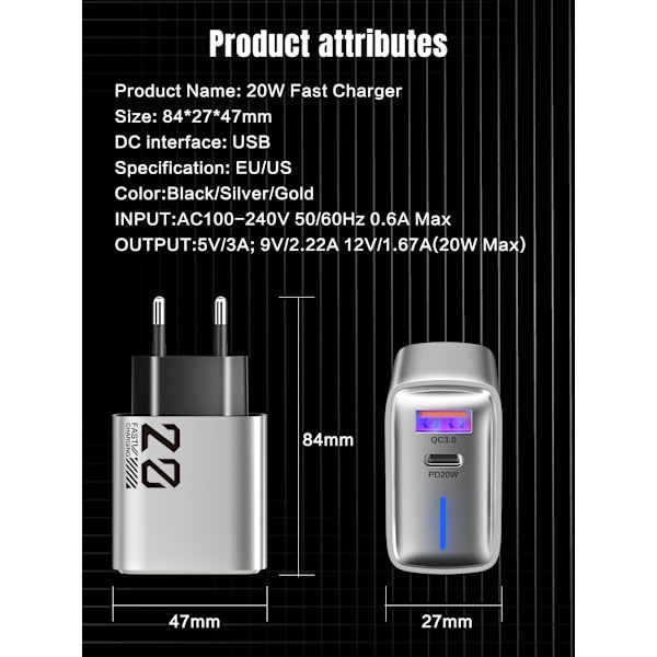 20W Type-C lader med lys mini laderhode PD+USB metall grå rask lading