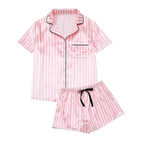 Dame Silke Pyjamas Sæt Knap Ned 2 Dele Satin Pyjamas Shorts Sæt Trykt Lingeri Hak Krave Nattøj lyserøde striber M