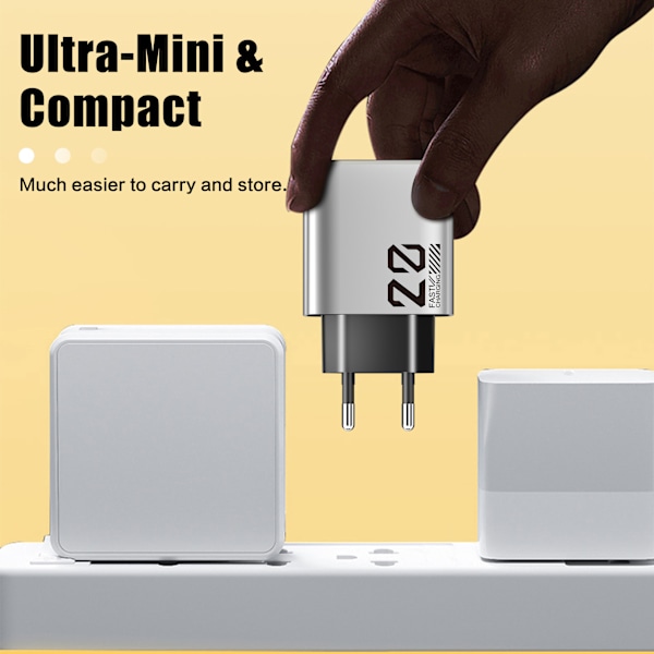 20W Type-C lader med lys mini laderhode PD+USB metall grå rask lading
