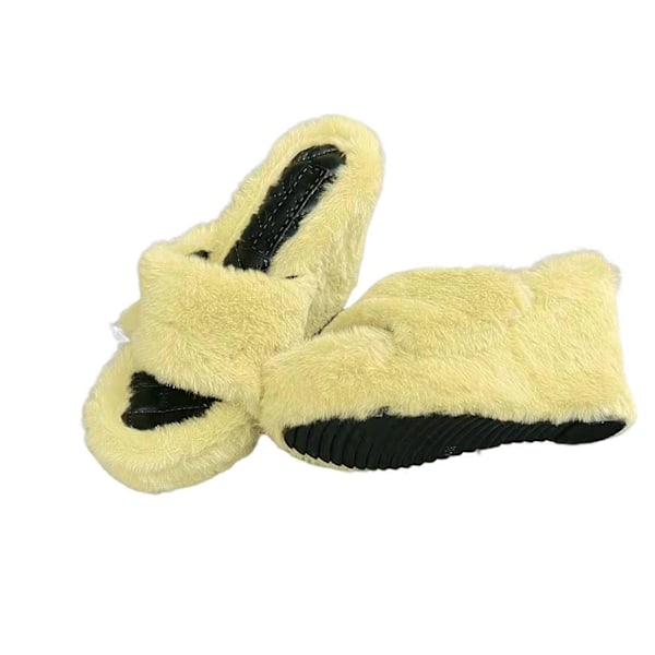 Snygga Damtofflor i Plysch med Hög Klack Öppen Tå Casual Utomhus Sandaler Höst Vinter Yellow 39