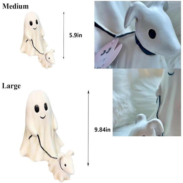 2 kpl kummituskoiran kävelypatsaita, halloween-kummituskoiran patsaiden koristeet, kummitus kävelee kummituskoiranpennun kanssa söpöjä kummituskoristeita S:15*13cm
