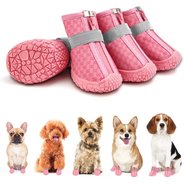 Dog Booties Paw Protector for Outdoor Walking, Puppy Shoes with Reflective Strips Rugged Anti-Slip Sole for Hardwood Pavement Winter Snow 4PCS/Set