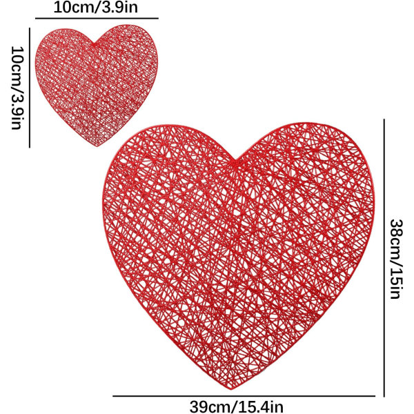 Dekorative hjerteformede bordbrikker, Bulk bryllupsplassmatter, Bryllupsdekorasjonssenterplasser for bryllup, feiring, fest, Valentinsdag (rød)