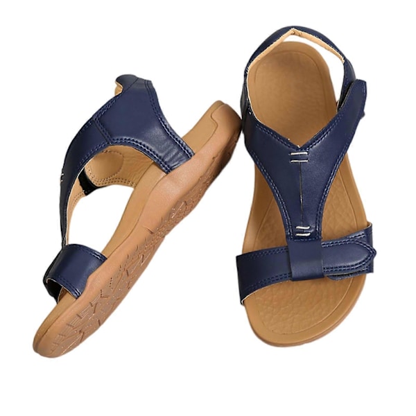Retro flate skinn sandaler for kvinner, lette sklisikre strandsko for shopping og dating deep cerulean 41