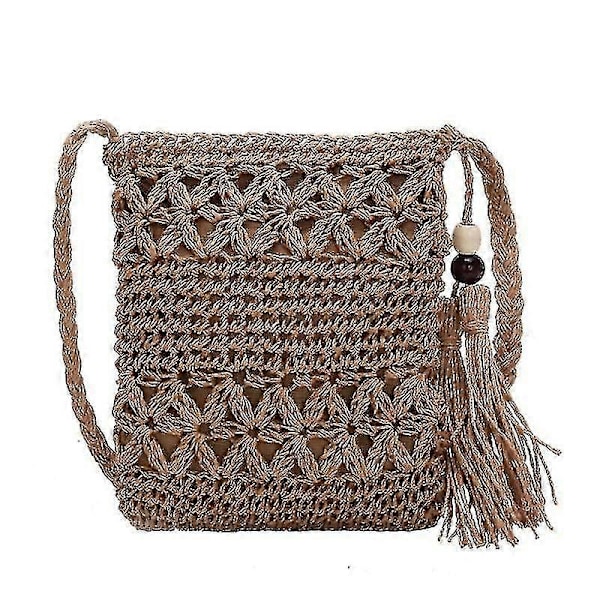 Halmväska Strand Vävd Halm Axelväska med Tofsar Boho Ihålig Virkad Crossbody Khaki