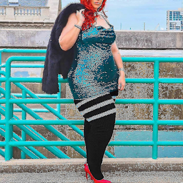 Plus Size Dame Lårstrømper til Tykke Lår - Ekstra Lange Stribede Tykke Over Svart blå