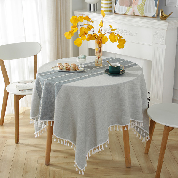 Rund bordsduk 120 cm Grå tvättbar linne- och bomullsduk fläcksäker med  tofsar, randigt broderi för födelsedag, bröllop, soffbord 33e2 | Fyndiq