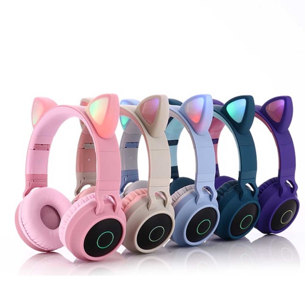 Trådlösa Bluetooth hörlurar för barn, kattöron Bluetooth trådlösa/trådbundna hörlurar, LED-belysta Trådlösa hörlurar för barn - ljusblå