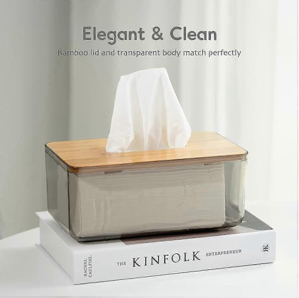 Minimalistisk Tissueboks Cover Holder, Moderne Transparent Rektangulær Bambus Ansigtserviet Dispenser til Badeværelse, Soveværelse, Stue
