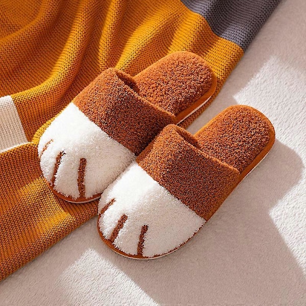 Vinterplysj-tøfler for kvinner, varme, søte kattepote-designerhus, pels, innendørs soverom Caramel colour 42-43(25.5-26cm)