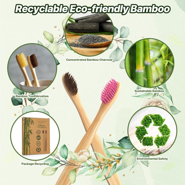 10-pack Rainbow Bamboo tandborstar | Biologiskt nedbrytbar och komposterbar miljövänlig Tandborste i naturlig bambu - 100 % ÅTERVINNING FÖRPACKNING (Regnbåge)