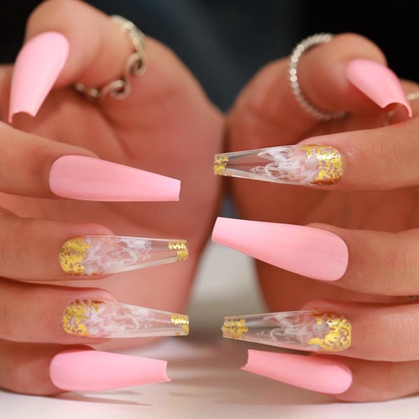 Glänsande mönster falska naglar kista extra lång press på naglar med ballerina akryl superlånga lösnaglar 24 st