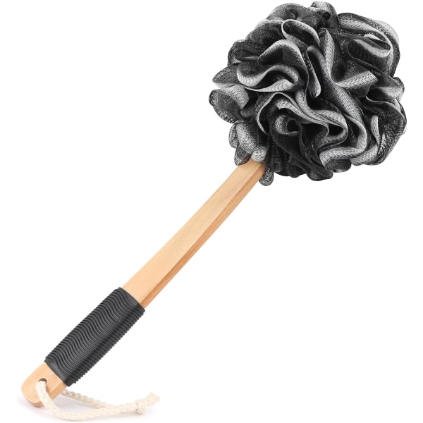 Black Loofah on a Stick PE Soft Mesh Luffa with Non-Slip Wooden Handle Made of Scrubber for Shower for Women and Men with String for Easy Hanging