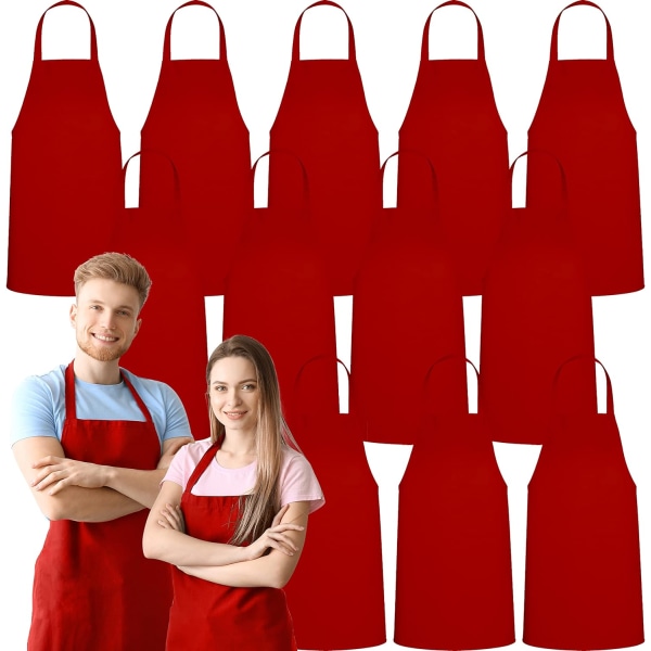 12-packs haklappsförkläde - Unisex röda förkläden, maskintvättbara förkläden för män och kvinnor, köksgrillförkläden Bulk (pack med 12, inga fickor, röd)