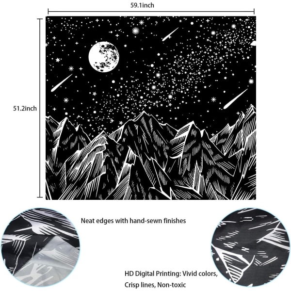 Gobelin veggteppe Svart og hvitt fjellmåne Gobelin for soverom Stue Sovesal Hjemmeveggdekor (51,2\"X59,1\")