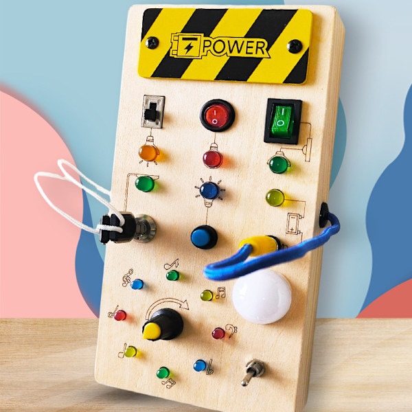 Montessori Aktivitetsbrett i tre for småbarn - LED-lysbryter - Sensorisk brett - Pedagogisk læringsleketøy - Baby og småbarn fra 3 år - A