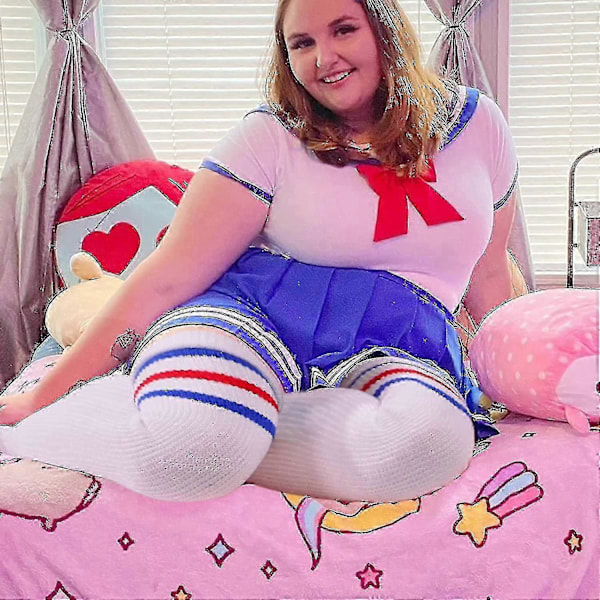 Plus Size Dame Lårstrømper til Tykke Lår - Ekstra Lange Stribede Tykke Over Vit blå röd