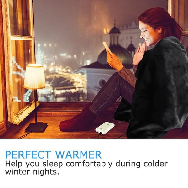 USB Electric Heating Blanket Portable Plush Throw Mat Wearable Warm Shawl USB Charging Black