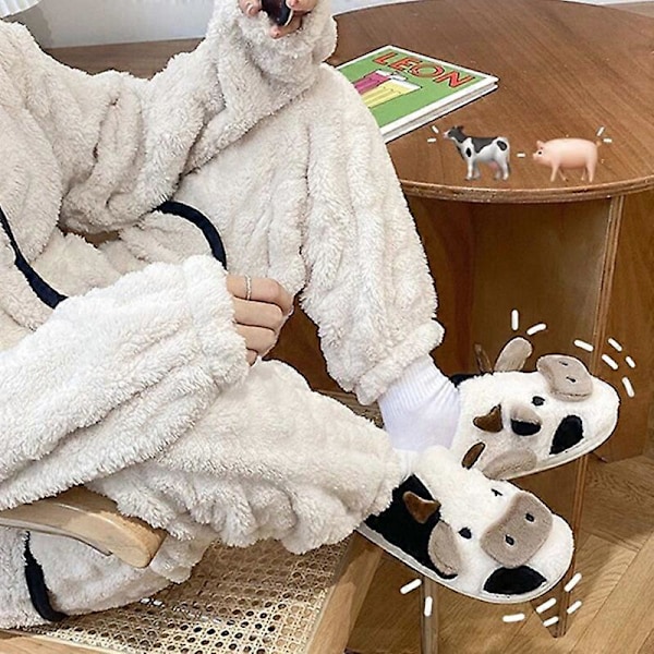 Fuzzy Ko-Slippers Søde Varme Behagelige Bomuldssko Dyreform Slip-on Slippers til Kvinder Pige Vinter Cow Cotton Mop Package 38 39inner Length23.5cm