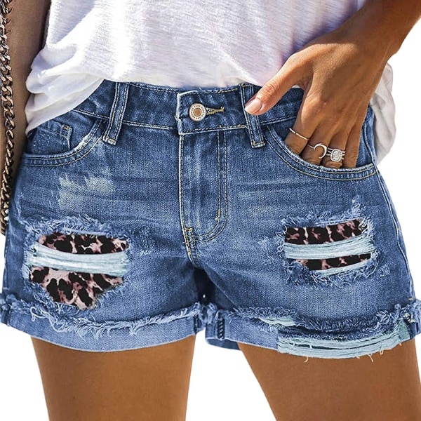 Korta jeans med slitna lappar för kvinnor Stretchiga jeansshorts med sommaren förstört hål Sexiga midjade slitna Hot Pant-jeans (Blå 1,X-Large)