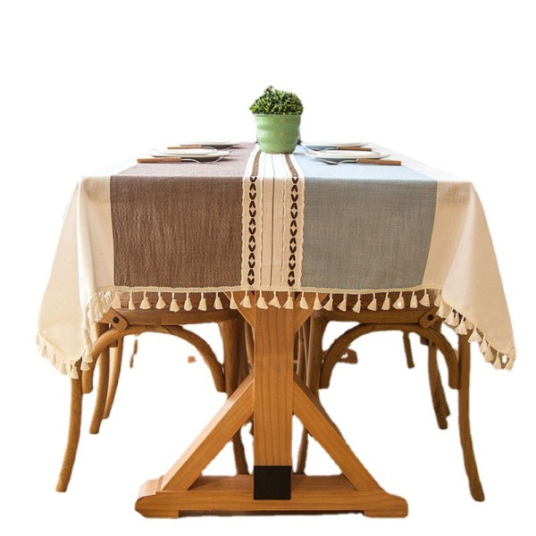 Tvättbar bomullslinne duk tofsar Rektangulära Dammtät bordsduk för köksdekoration (kaffeblå ränder, fyrkantig, 140x140 cm, 4 platser)