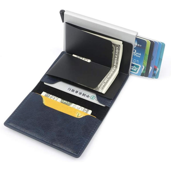Slim plånbok för män med pengaclip, Pop Up plånbok RFID-blockerande aluminium automatisk kreditkortshållare fodral minimalistisk läder smart plånbok (blå)