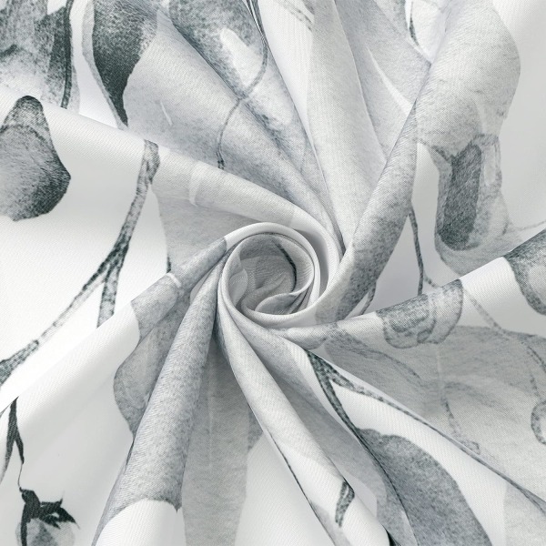Grå eukalyptusduschdraperi, akvarellväxtblad med blommiga set med krokar, gråvit, 72x72