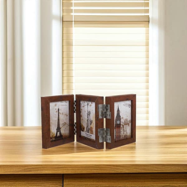 Family Photo Frame, Rectangular Triple-Fold Minimalist Style, Brown, Foldable Photo Frame, 1 Set