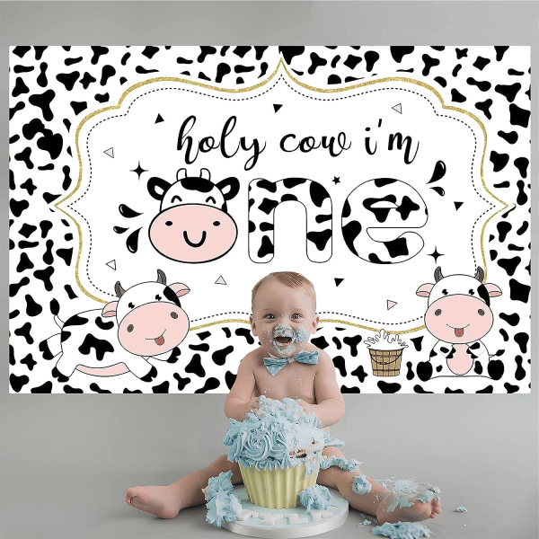 7x5Ft Holy Cow Jag Är En Bakgrund Baby 1:a Födelsedagsfest Baby Shower Fest Bakgrund Dekoration Tårta Bord Banner Polyestertyg