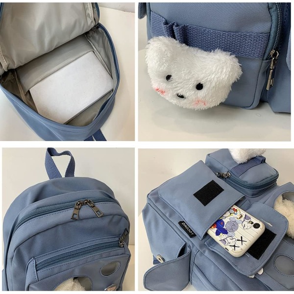 Femdelt sæt, Kawaii Rygsæk Pige Kvinder Skole Notesbog Skole Taske Rejsetaske Blomster Rygsæk med Kawaii Pin og Søde Tilbehør