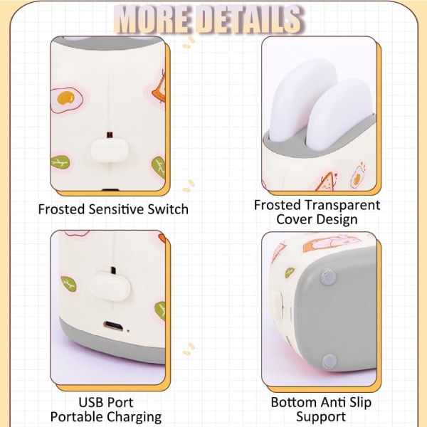 Søt brødrister nattlys med oppladbar LED-bordlampe nattbordslampe for soverom, stueinnredning, bursdagsgaver til barn (hvit)