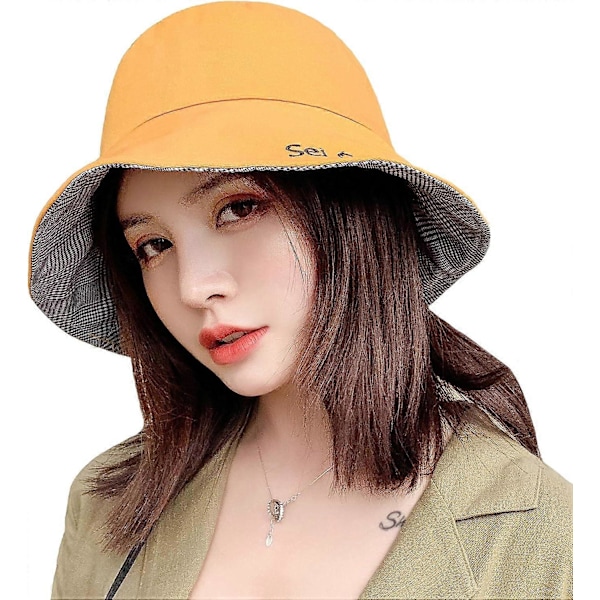 Fiskarehatt Kvinna Bomull Solhatt Vändbar Bucket Hat Strand Solhatt Gul yellow