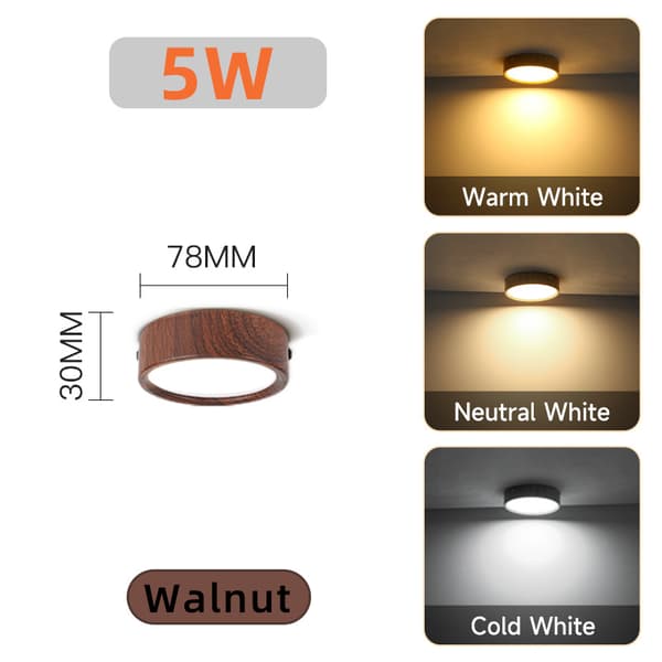 3-pak LED-loftlamper, 5W rund overflademontering, 3 farvetemperaturer, ultratynd, valnøddefinish