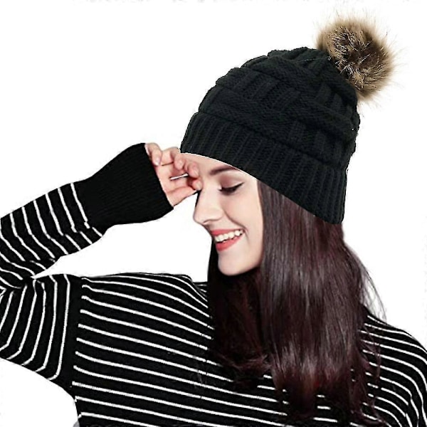 Damhatt för Alla Hjärtans Dag, Varm Stickad Ull, Tjock Hatt med Hästsvanshål, Beanie-Blandning, 1 St (Svart)