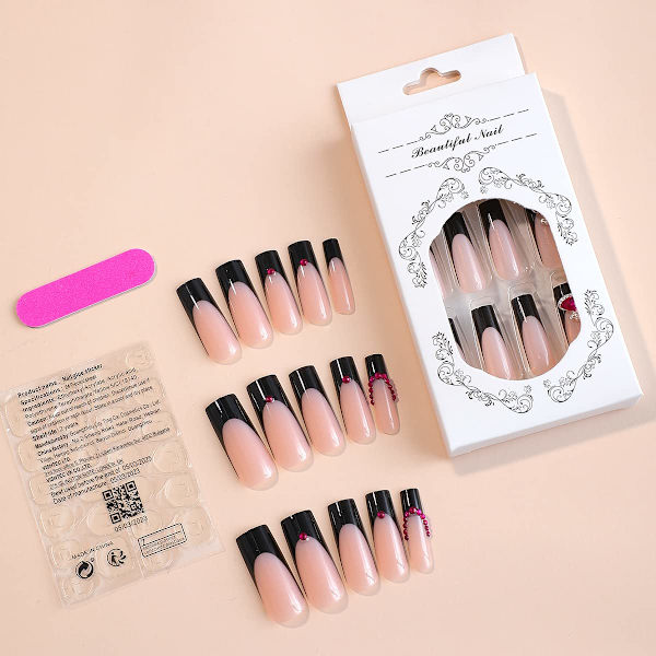 24 stk. Lange Firkantede Tryk-på-Negle Fransk Tip Kunstige Negle 3D Metal Planet Lim-på-Negle Glossy Rhinestone Akryl Negle Sorte Spidser Nude Falske Negle