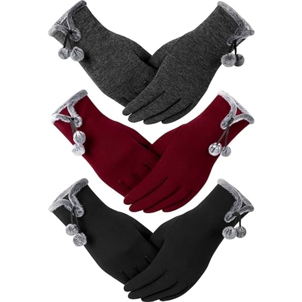 3 par damhandskar Vinter pekskärm texthandskar för kvinnor fleecefodrade tjocka varma handskar - röd 、svart och grå