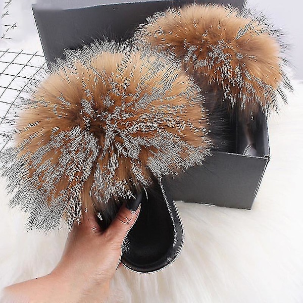 Sommer Pels Slippers Fluffy Søde Plys Damer Flip Flops Luksus Charmerende Sandaler Xnr136 36