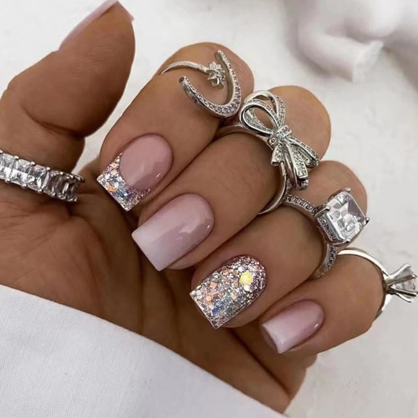 24Pcs Press on Nails Short Square French Tip Fake Nails Pink Gradient with Silver Glitter Design Acrylic Full Cover Glue on False Nails