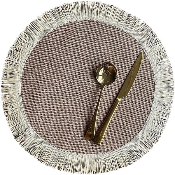 Set of 6 Round Jute Placemats with Simple Fringe for Table Decoration, Heat Insulation (Khaki)