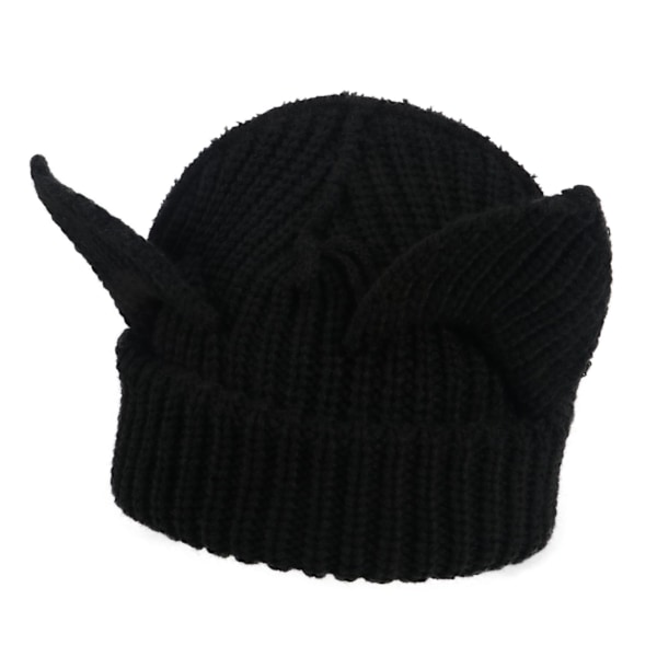 Dame Knitted Beanie Caps Y2K Gothic Katteøre Skull Hat Varmt Vinterhat Sød Djævelhorn Cap Ørebeskytter svart M（56-58cm）