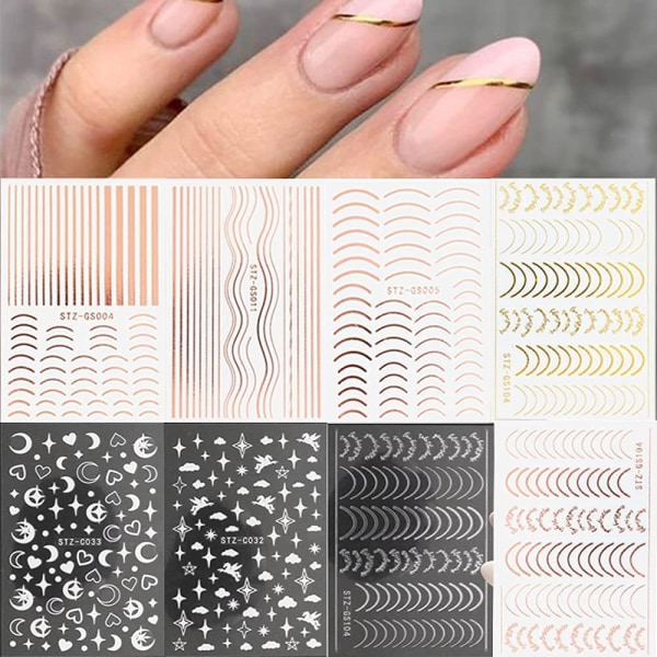 Linjer Nagelklistermärken Roséguld Metall Nail art 8 ark självhäftande nageldekaler Kurva nail art för kvinnor Manikyr DIY-dekorationer