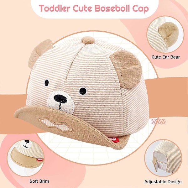 Baby søt baseballcaps bjørn stripete solhatt bomull baby myk hatt (rosa)