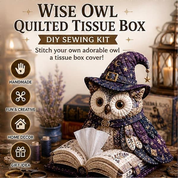 Wise Owl Quilted Tissue Box DIY Sewing Kit, Quilted Owl Tissue Holder DIY Craft Set, Fun Handmade Sewing Project Kit for Home Tabletop Decor Gift