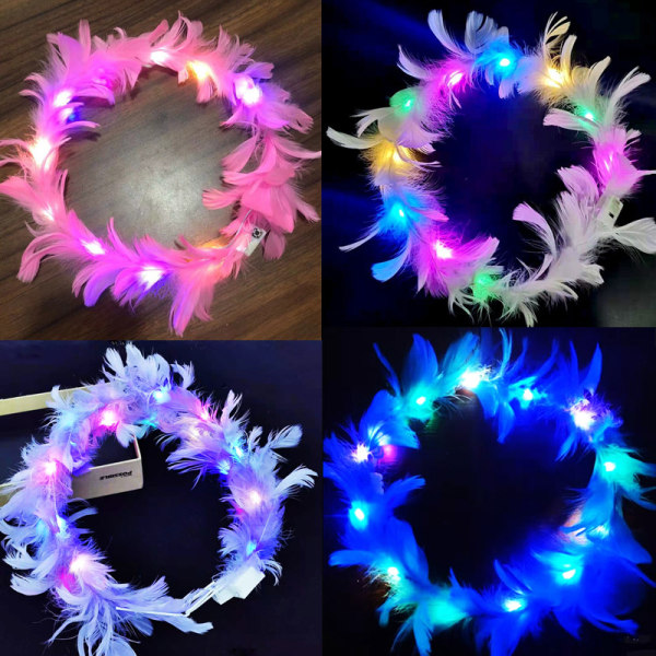 4-pack Flower Crown, Feather Crown Pannband lysande med 10 LED-lampor, Light Up Headdress med färgskiftande LED-lampor, Bröllopsfestfest