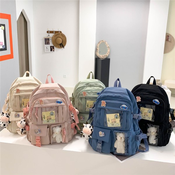Kawaii Ryggsäck Härlig pastell ryggsäck för tonårsflickor Estetiska studentbokväskor med Kawaii-nål och söta tillbehör