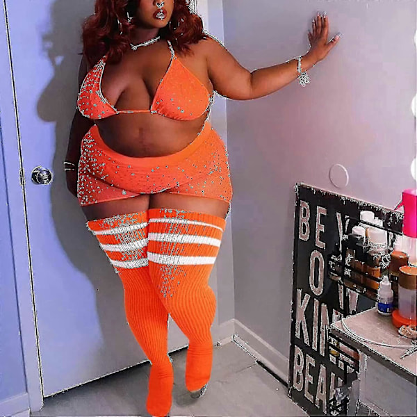 Plus Size Dame Lårstrømper til Tykke Lår - Ekstra Lange Stribede Tykke Over Pumpa Orange Vit